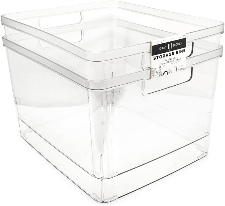 Photo 1 of Isaac Jacobs 2-Pack Extra-Large Clear Storage Bins (11.5” L x 14” W x 9” H) w/Cutout Handles, Plastic Organizer for Home, for Kitchen, Fridge, Pantry, BPA Free, Food Safe (2-Pack, Extra-Large)