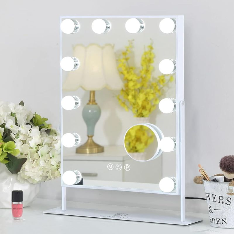 Photo 1 of FENCHILIN Lighted Makeup Mirror Hollywood Mirror Vanity Makeup Mirror with Light Smart Touch Control 3Colors Dimmable Light Detachable 10X Magnification 360°Rotation(White)