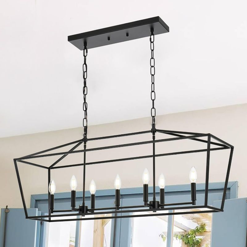 Photo 1 of Kitchen Island Linear Chandelier,7 Light Dining Room Pendant Lighting Candle Rectangle Chandelier Light Fixture Adjustable Height in Coal Black Finish for Kitchen Dining Table Living Room