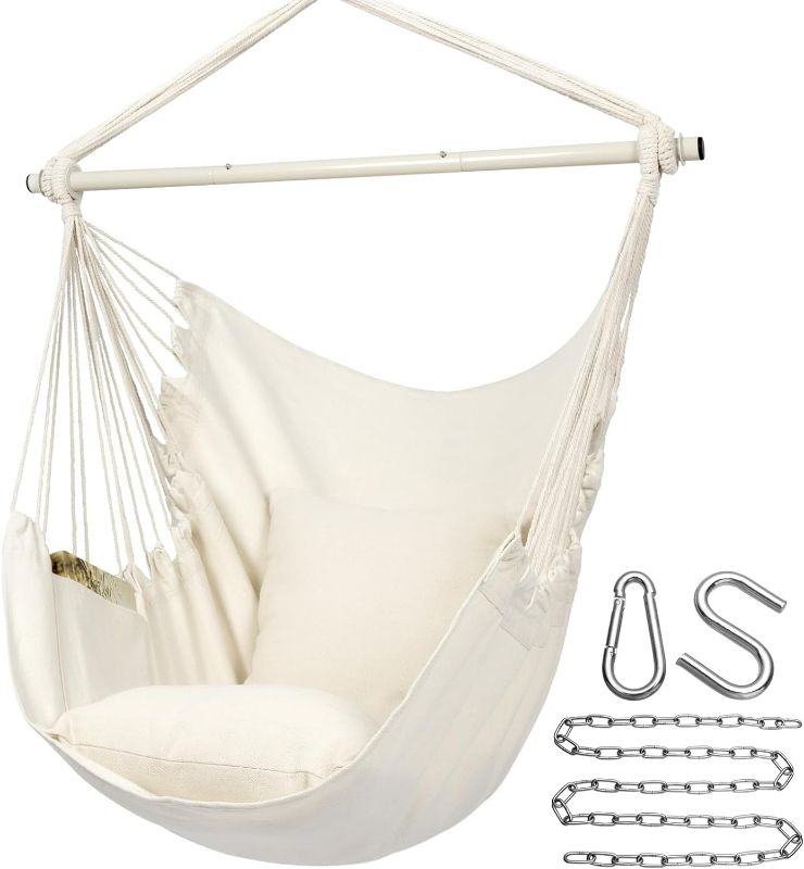 Photo 1 of Y- STOP Hammock Chair Hanging Rope Swing Chair, Max 500 Lbs, 2 Seat Cushions Included, Removable Steel Spreader Bar with Anti-Slip Rings for Indoor or Outdoor(Beige)