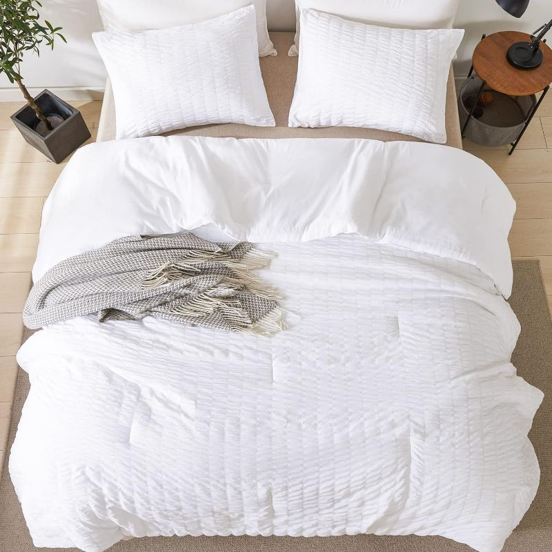 Photo 1 of Andency White California King Comforter Set, 3 Pieces Bedding Comforter Sets (1 Seersucker Textured Comforter & 2 Pillowcases), Lightweight Microfiber Down Alternative Bed Set (104x96 inches)