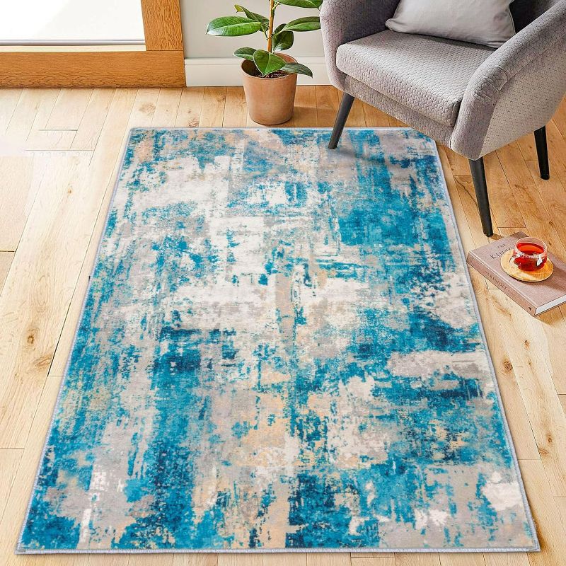 Photo 1 of KOZYFLY Modern Abstract 3x5 Area Rug Washable Bedroom Rug Throw Entry Mat Non-Slip Stain Resistant Carpet Dining Room Rug with Soft Low Pile for Living Room Kitchen Bath Office, Blue/Yellow/Ivory