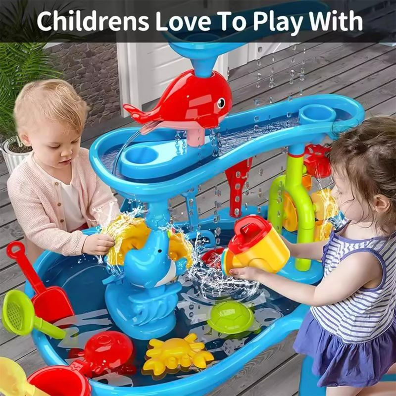 Photo 1 of Sand Water Table for Toddler, 3-Tier Rain Showers Splash Pond Outdoor Toddler Activity Table, Kids Water Sensory Table 15 Pieces Accessories Water Toy Kits, Ages 3+ Years Old