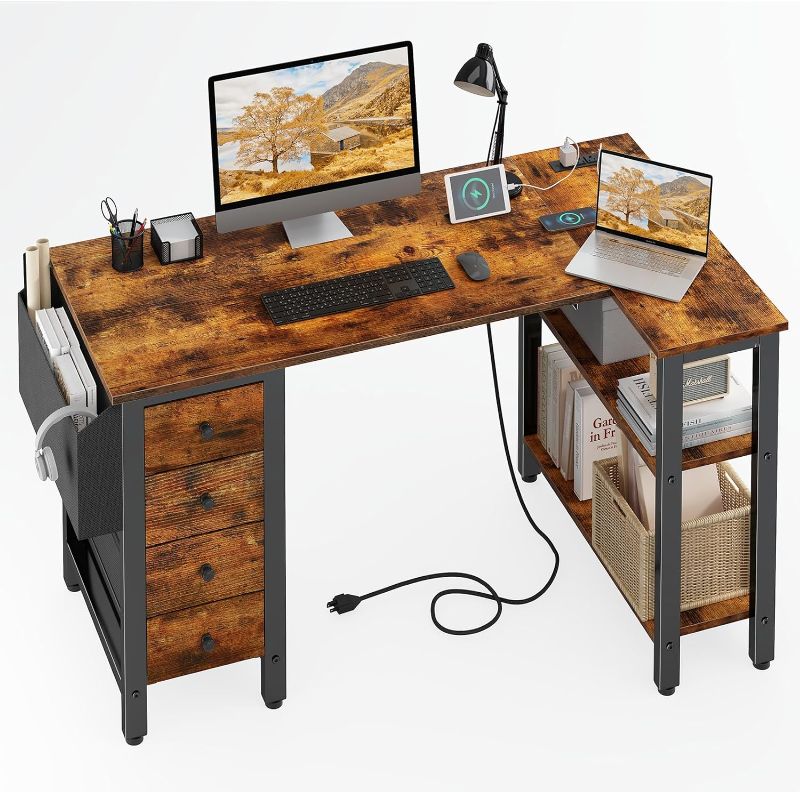 Photo 1 of Lufeiya L Shaped Desk with Drawers & Storage Shelves, 47 Inch Corner Computer Desk with Power Outlet for Home Office Bedroom, L-Shaped Gaming PC Desks with Fabric Drawer, Rustic Brown