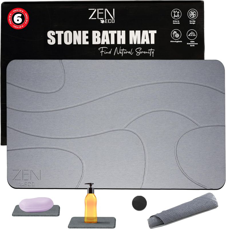 Photo 1 of Diatomite Stone Bath Mat Quick Dry (6-Piece) – Bath Mat Stone Absorbing with Foldable Diatomaceous Earth Bath Mat & 2X Soap Dish – Non-Slip Stone Shower Mat (23.5" x 15.5") Grey