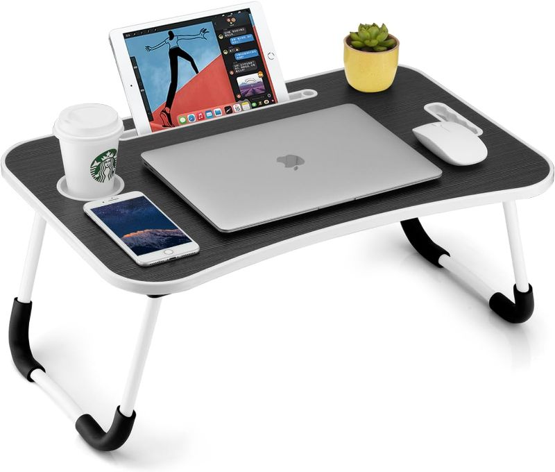 Photo 1 of Foldable Laptop Table, Portable Lap Desk Bed Table Tray, Laptop Stand with Cup Holder & Tablet Slot & Lifting Handle for Working Writing Drawing & Eating (Black)