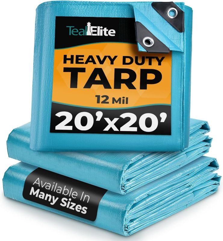 Photo 1 of 20x20 Heavy Duty Tarp Waterproof - 12mil Thick Pool Tarp Cover - 20x20 Tarp UV Resistant, Rip & Tear Proof with Metal Grommets – Blue Tarp Multipurpose Use for Camping, Tent, Boat, RV, Car