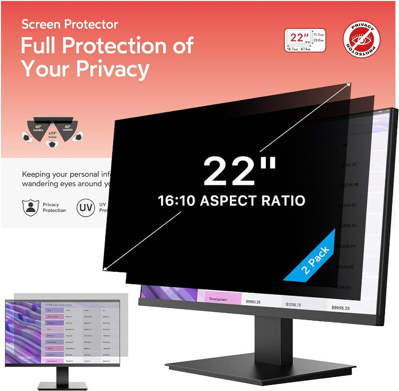 Photo 1 of MOBDIK [2 Pack] 22 Inch Removable Computer Privacy Screen Filter for 16:10 Widescreen Computer Monitor - Anti-Glare - Anti-Scratch - UV-Blocking for 22 in Data Confidentiality Shield