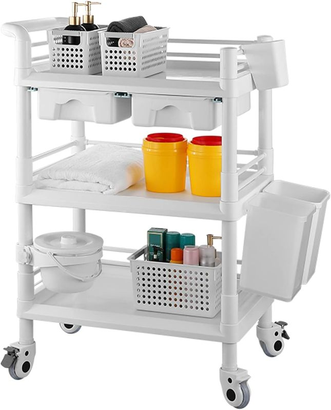 Photo 1 of Rolling Utility Cart,Qiwey Medical Utility Cart with Drawers,3-Tier Esthetician Cart with Wheelsfor Beauty Salon SPA Commercial Hospital Office Lab Cart White