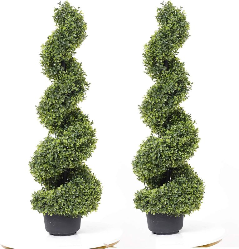 Photo 1 of 35 Inch Artificial Boxwood Topiary Tree Spiral Plants Fake Faux Plant Decor in Plastic Pot Green Indoor or Outdoor, Set of 2