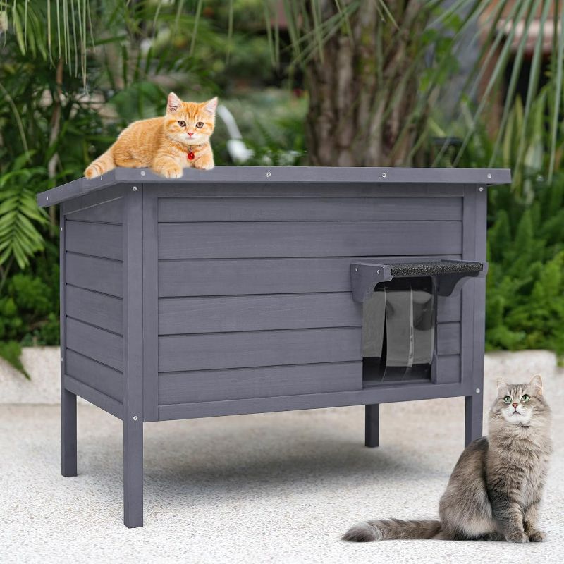 Photo 1 of Outdoor Cat House Weatherproof, Feral Cat House with Insulated All-Round Foam Wooden Cat Condos for Winter Outside, PVC Door Flaps(Grey)