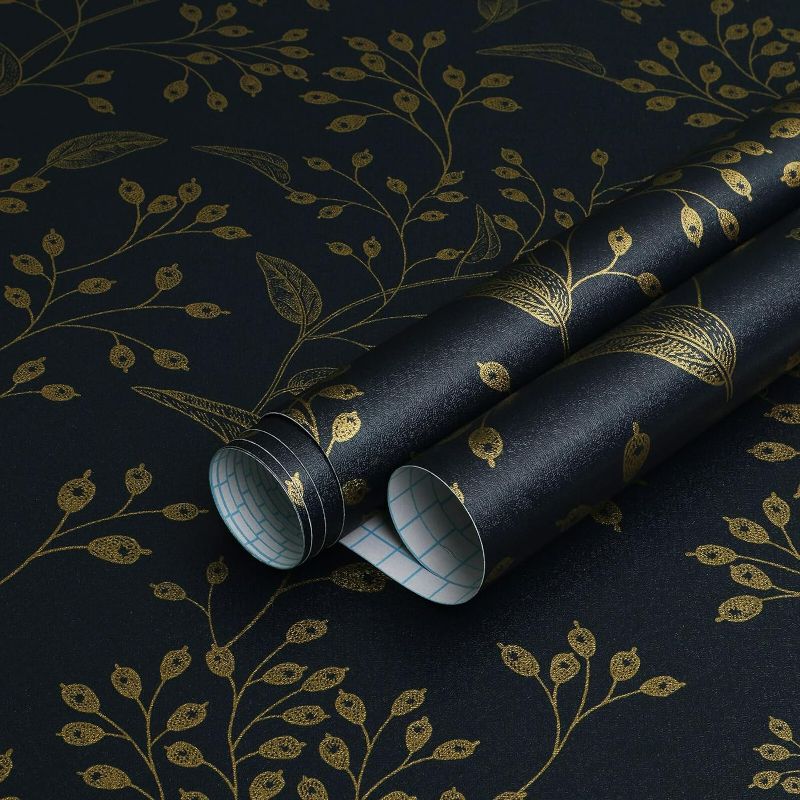 Photo 1 of Heroad Brand Navy Blue Peel and Stick Wallpaper Floral Contact Paper Boho Peel and Stick Wallpaper Dark Blue and Gold Leaf Removable Wallpaper Self Adhesive for Cabinets Shelf Liner Vinly 118"x17.3"