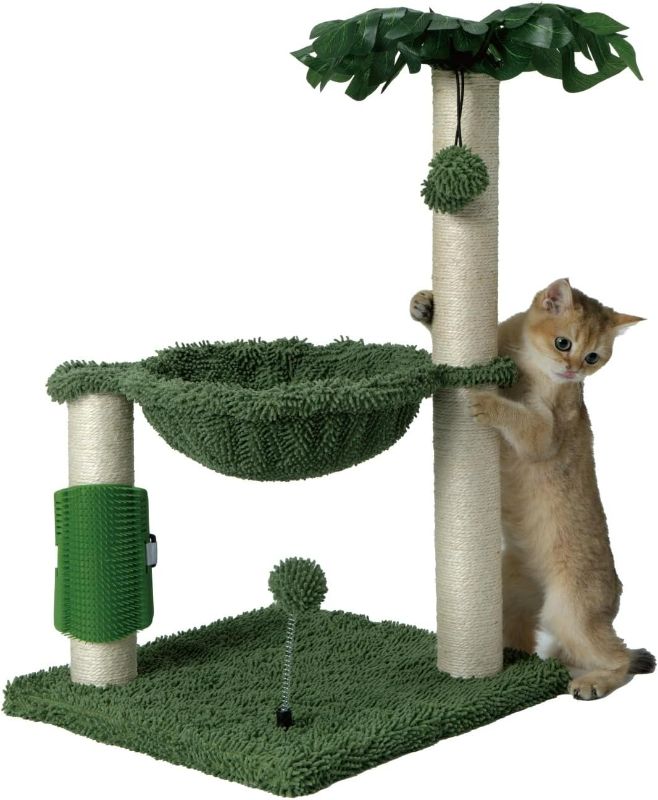 Photo 1 of Small Cat Tree Tower,Cat Scratching Post with Hammock for Indoor Kittens and Small Cats up to 7lb,Self-Massage Bursh Hanging Ball Toys,Monstera deliciosa Green