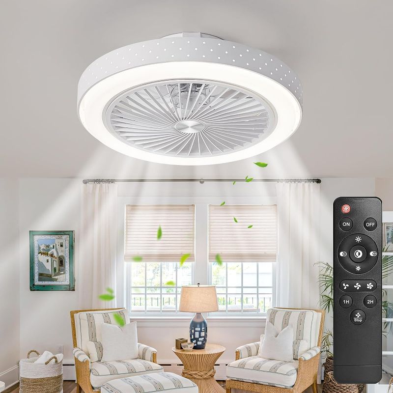 Photo 1 of POWROL Low Profile Ceiling Fans with Lights Flush Mount Bladeless Remote Control Ceiling Fan 3 Speeds Dimmable 3 Colors Iron 19Inch Invisible 8 Blad Enclosed White Fan Light for Bedroom Kitchen