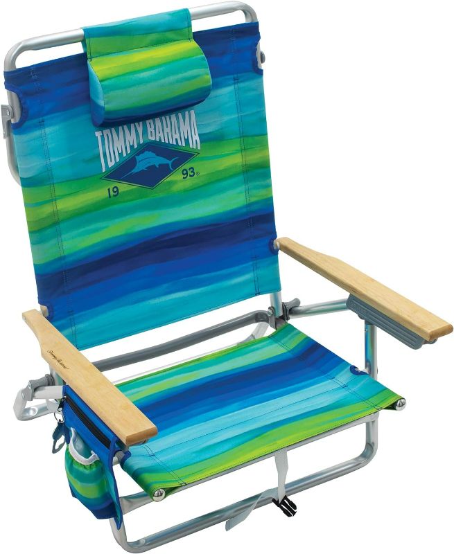 Photo 1 of Tommy Bahama 5-Position Classic Lay Flat Folding Backpack Beach Chair, Blue and Green Stripe , 23" x 25.25" x 31.5"