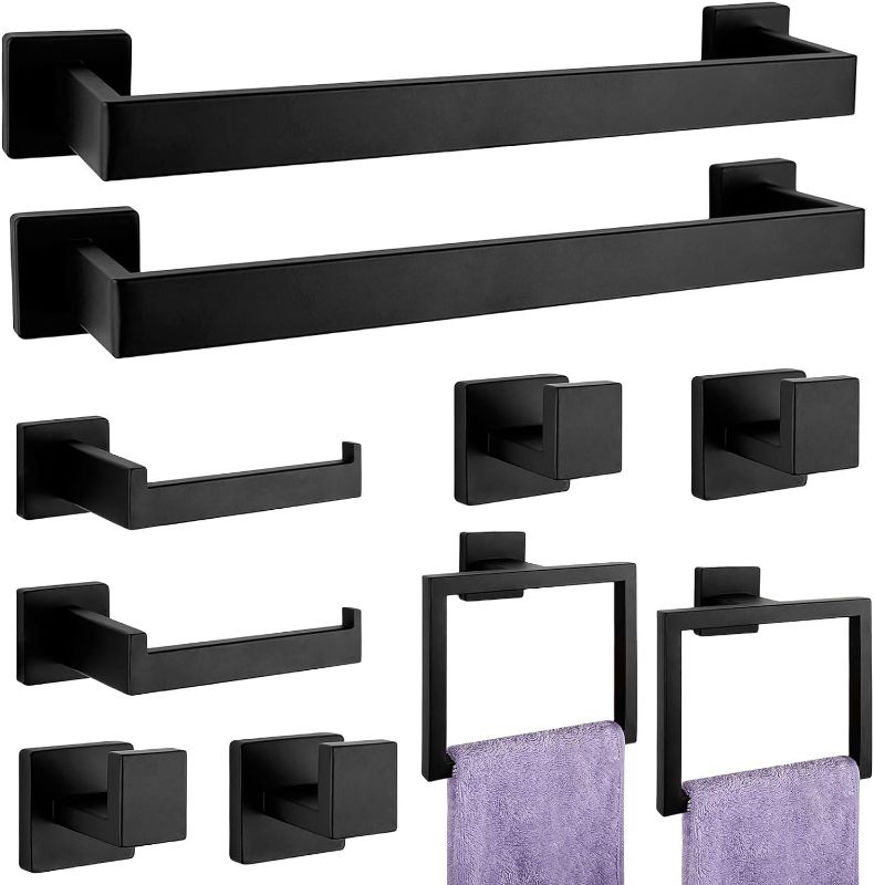Photo 1 of Bathroom Accessories Towel Bar Set: 10 Pieces Matte Black Bathroom Hardware Square SUS304 Stainless Steel - Wall Mounted Towel Rack&Toilet Paper Holder&Towel Ring and Towel Hook