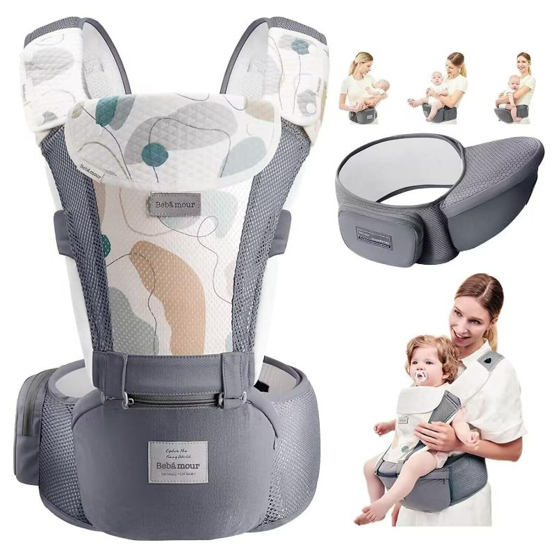 Photo 1 of Bebamour Baby Carrier Newborn to Toddler-Baby Hip Carrier Front and Back Carry with Head Hood & 3 Pieces Teething Pads& Waist Extenders & Storage Bag(Grey)