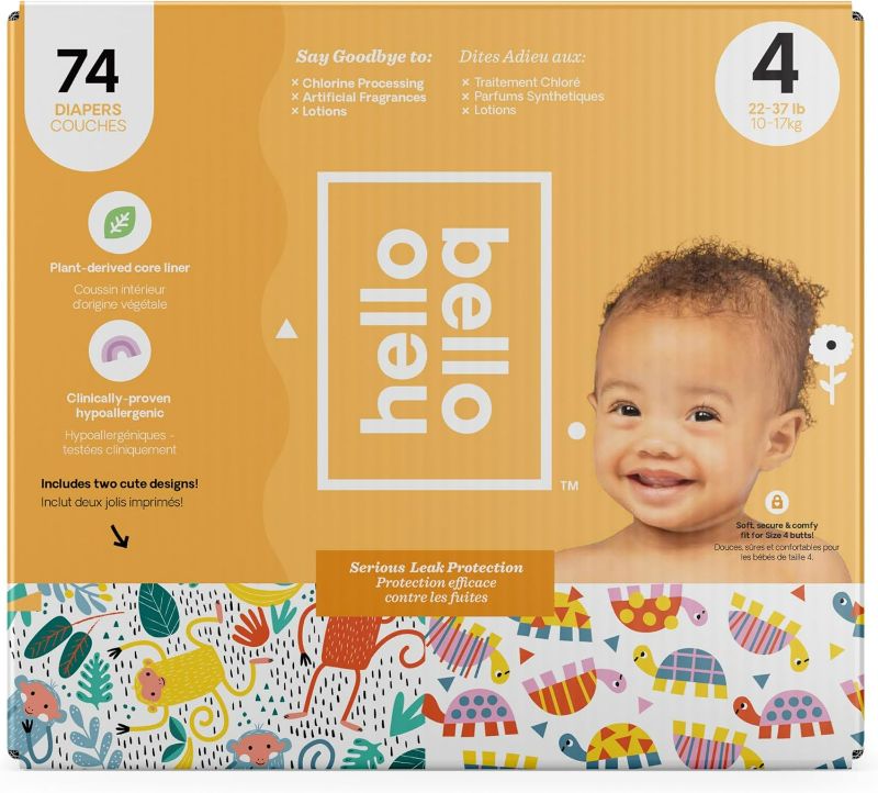 Photo 1 of Hello Bello Diapers, Size 4 (22-37 lbs) - 74 Count of Premium Disposable Baby Diapers in Monkeys & Turtles Designs - Hypoallergenic with Soft, Cloth-Like Feel