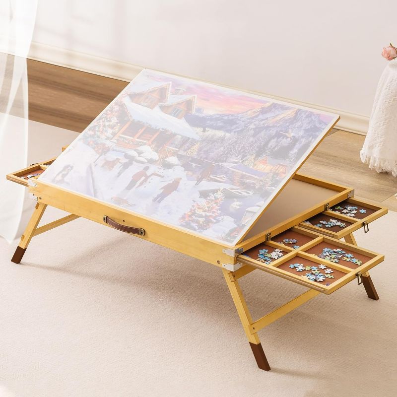 Photo 1 of ROBOTIME 1500 Piece Jigsaw Puzzle Table, Wooden Puzzle Table with 4 Drawers, Folding Legs, and Cover, Portable and 3-Tilting-Angle Adjustable Jigsaw Puzzle Board Table for Adults and Kids