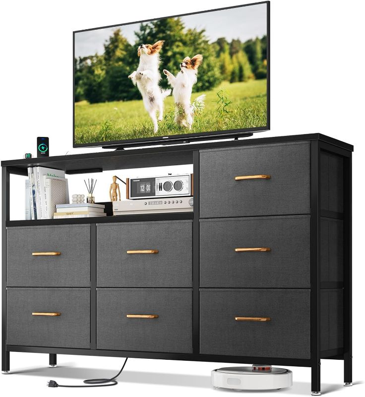 Photo 1 of AODK Dresser with Charging Station, 52-Inch Long Dresser TV Stand with 7 Large Fabric Drawers, Entertainment Center with Open Shelves for 55-Inch TV, Bedroom, Living Room, Black and Dark Grey