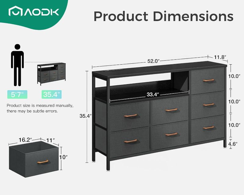 Photo 2 of AODK Dresser with Charging Station, 52-Inch Long Dresser TV Stand with 7 Large Fabric Drawers, Entertainment Center with Open Shelves for 55-Inch TV, Bedroom, Living Room, Black and Dark Grey