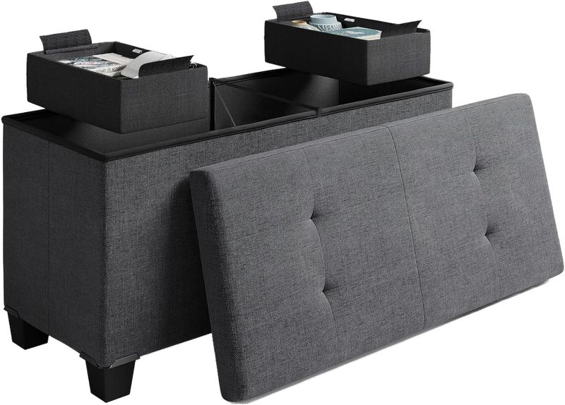 Photo 1 of Storage Ottoman Bench with Storage Bins, 30-In Storage Bench for Bedroom End of Bed, Folding Foot Rest Ottoman with Storage for Living Room, Storage Chest Max 660lbs, Linen Fabric Grey Ottoman