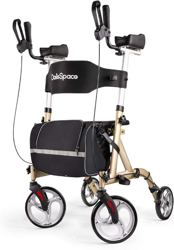 Photo 1 of OasisSpace Upright Walker for Seniors - Lightweight Stand Up Rollator Walker with Seat with Padded Armrest, Tall Armrest Rolling Walker Compact Folding Design