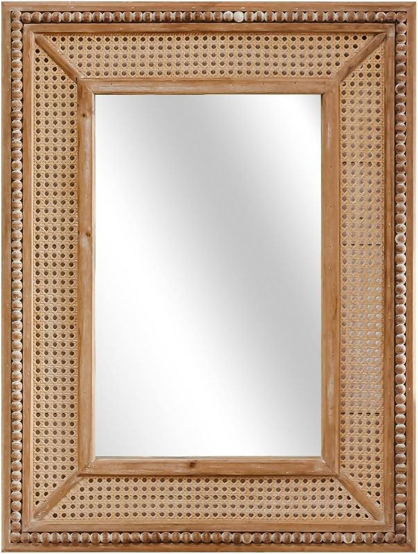 Photo 1 of Boho Rattan Wall Mirror Wooden Framed Rectangle Mirror Wood Decorative Farmhouse Hanging Mirror for Bathroom Vanity Entryway Living Room Home Wall Decor - 24.21" x 1.18" x 32.28"