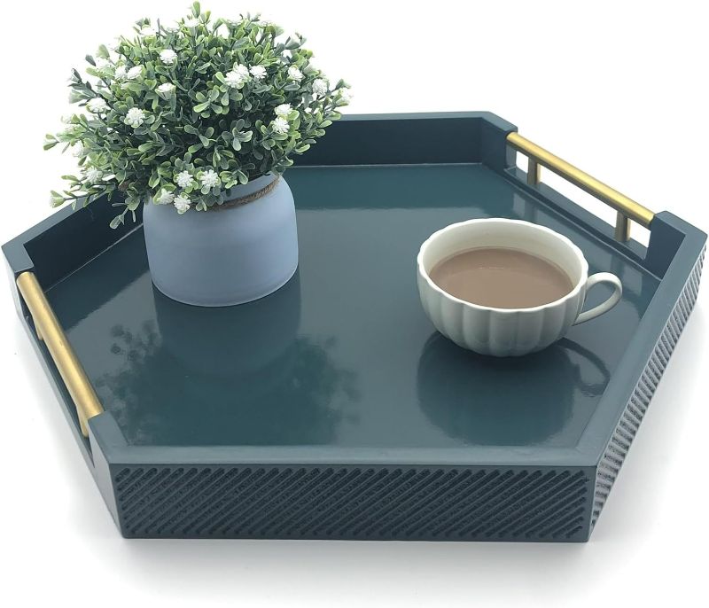 Photo 1 of Serving Tray with Polished Metal Handles, Hexagon Coffee Table Tray, Modern Rectangle Decorative Tray, Large Ottoman Tray, Perfect for Storage and Display (Teal Hexagon)