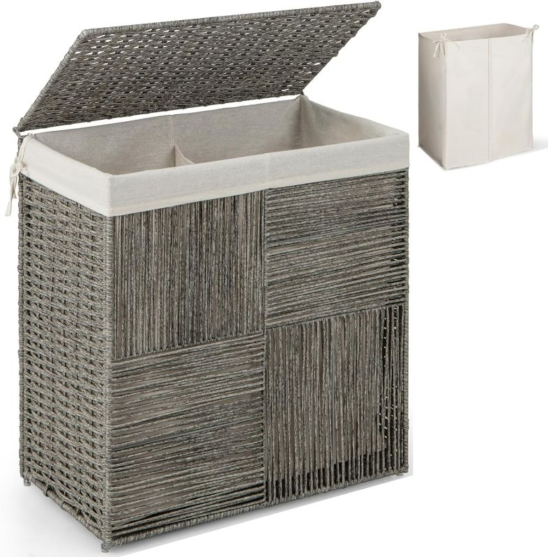 Photo 1 of Giantex Laundry Hamper with Lid, 29 Gal (110L) Wicker Laundry Basket with 2-section Liner Bag, Removable & Washable, Foldable PP Rattan Clothes Hamper with Handle for Bathroom Bedroom (Gray)