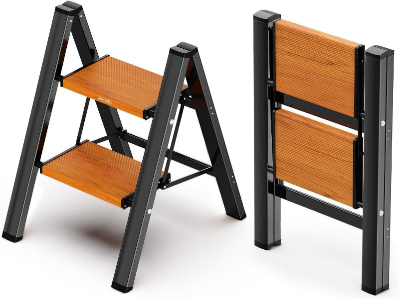 Photo 1 of Step Ladder, Widening Pedals for Extra Balance, Lightweight Step Stool, Easy to Move Around, Foldable Ladder, Space Saving, Anti-Slip Stepladder 300 lbs Capacity (2 Step, Black & Wood Grain)