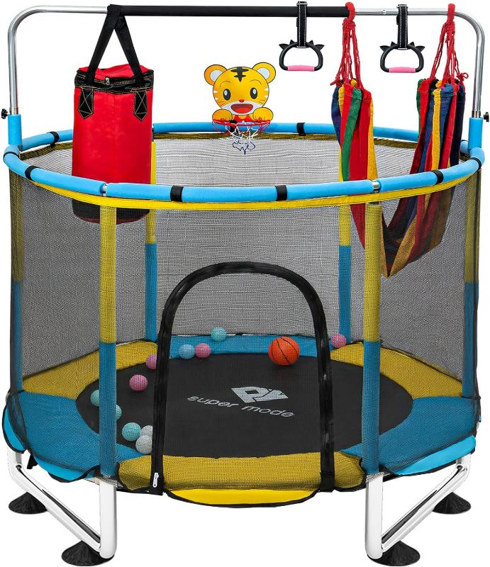 Photo 1 of Trampoline for Kids, 5FT Adjustable Toddler Trampoline, Indoor/Outdoor Baby Trampoline with Enclosure Net, No-Gap Safe Design, Gifts for Boys & Girls