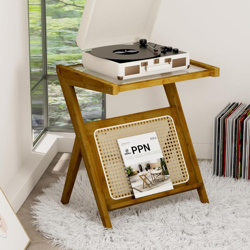 Photo 1 of PPN Rattan Side Table Boho NightStand Mid Century Modern End Table Glass Bedside Table Small Bamboo Coffee Table with Storage for Living Room Bedroom Brown