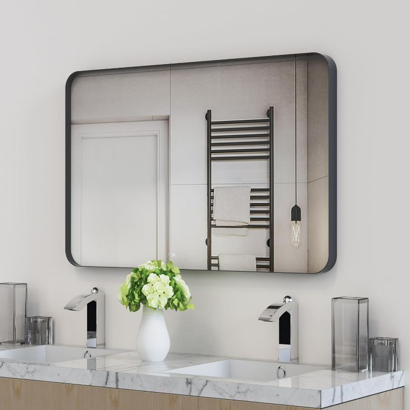 Photo 1 of Black Metal Framed Bathroom Mirror for Wall, 40 x 30 Inch Large Rounded Rectangle Matte Black Bathroom Vanity Mirror Farmhouse, 1/4-inch Shatterproof Glass | Ultra-Flush Hanging