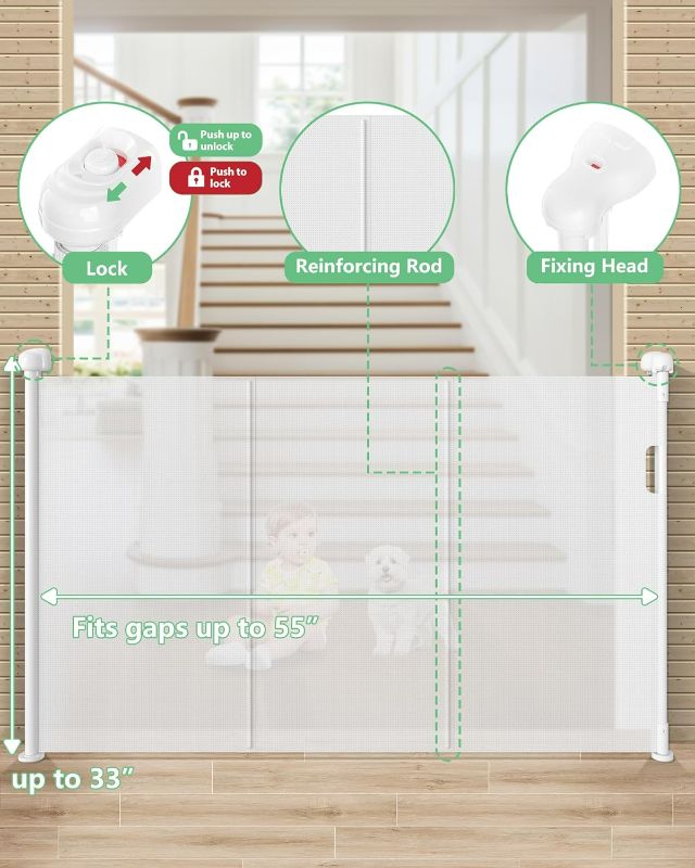 Photo 1 of 2024 New Launch and Latest One-Handed Operation Retractable Baby Gates, 33" Tall x 55" Wide, Mesh Baby and Pet Gate with Reinforcing Rod for Stairs Doorways Hallways, Indoor and Outdoor, White