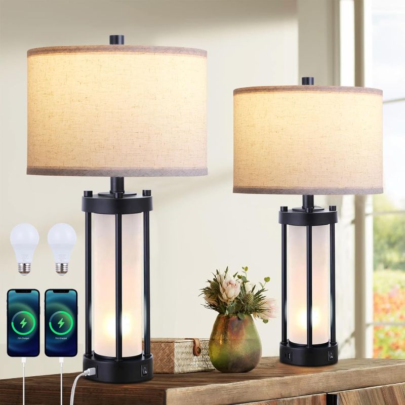 Photo 1 of Set of 2)Bed-Side Table Lamps with USB Ports,Modern Touch Lamps for Nightstand [Dual Charging Stations],End Table Lamps with 3- Way Dimmable,Tall Table Lamps for Living Room/Bedroom,Bonus 2 Bulbs