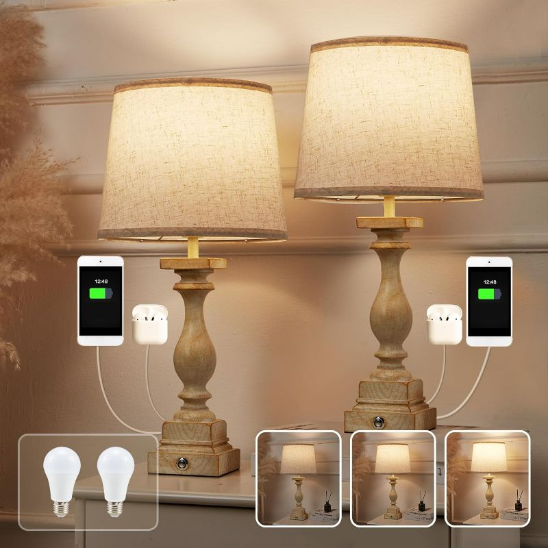 Photo 1 of Set of 2)Bed-Side Table Lamps with USB Ports,Modern Touch Lamps for Nightstand [Dual Charging Stations],End Table Lamps with 3- Way Dimmable,Tall Table Lamps for Living Room/Bedroom,Bonus 2 Bulbs