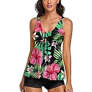 Photo 1 of (L) Modest Tankini Swimsuits for Women Two Piece Bathing Suits Floral Print Tank Top with Boyshorts