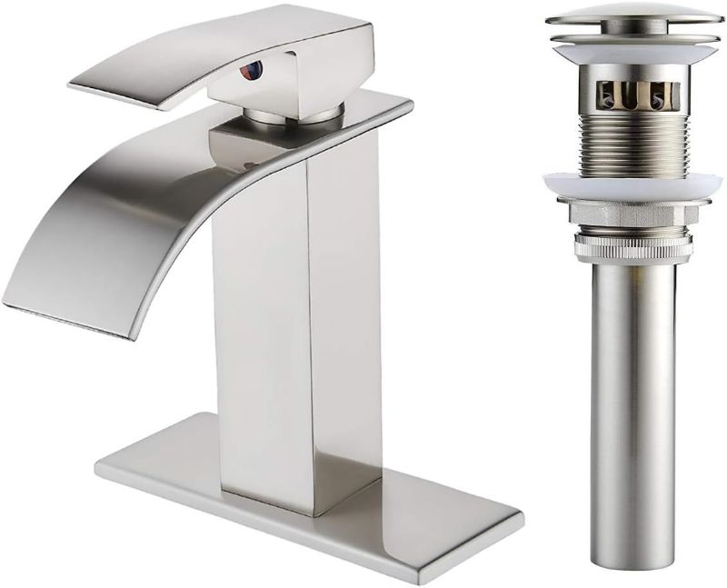 Photo 1 of Waterfall Bathroom Faucets Brushed Nickel Modern Bathroom Sink Faucet Single Handle Bathroom Faucet for 1 or 3 Holes with Deck Plate and Pop-Up Drain, Rv Sink Camper Farmhouse Bathroom Faucet