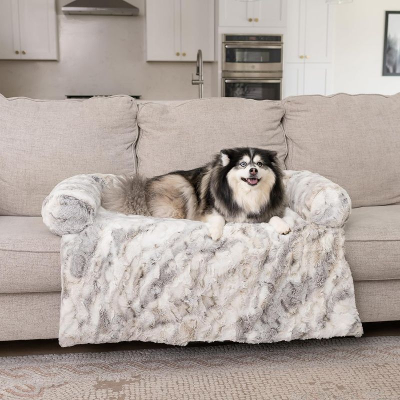 Photo 1 of Calming Bed for Dogs & Cats – Plush Fluffy Dog Bed for Car, Sofa with Removable Washable Cover & Soft Neck Bolster – Stylish Marble Print Pet Dog Couch Bed Furniture Protector Mat – Large, 47"