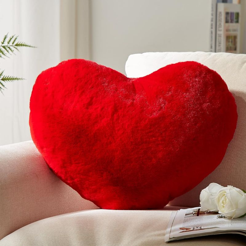 Photo 1 of Heart Pillow, Red Heart Pillows, Love Pillow Gifts, 14X17 Inch Large Heart Shaped Pillows, Faux Rabbit Fur Coquette Room Decor Throw Pillows, Living, Bedroom, Indoor Outdoor