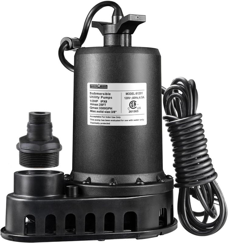 Photo 1 of WASSERMANN 1/2HP Submersible Water Pump,3300GPH Thermoplastic Utility Pump Electric Portable Transfer Clean/Dirty Sump Pump for Pool Tub Garden Pond Draining with 10 FT Cord