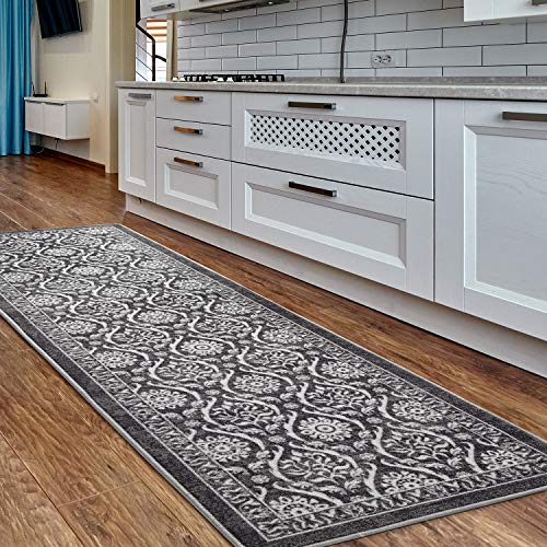 Photo 1 of Antep Rugs Alfombras Non-Skid (Non-Slip) 2x7 Rubber Backing Floral Geometric Low Profile Pile Indoor Area Runner Rugs (Gray/Black, 2' X 7')