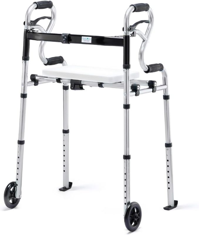Photo 1 of 4 in 1 Folding Walker with Seat by Health Line Massage Products, Width Adjustable Folding Walkers with 5” Wheels and Extra 2 Skis, Compact Adults Walker for Seniors Support Up to 350lbs Sliver