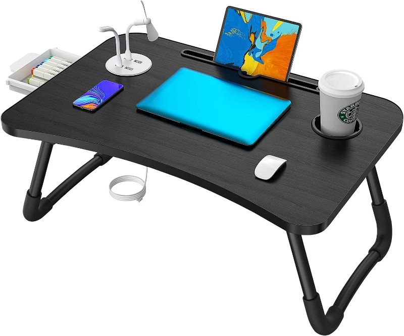 Photo 1 of Elekin Folding Lap Desk for Laptop Portable Laptop Desk Bed Table Standing Work Table Bed Tray with 4 USB Port/Cup Holder/Drawer for Bed Couch/Sofa (Mini Lamp, Fan)