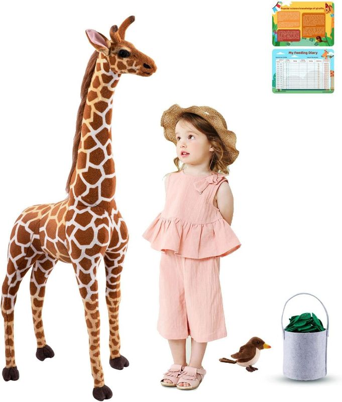 Photo 1 of Giant Giraffe Stuffed Animal Set, 47 Inch Large Plush Giraffe Toy with Bird & Basket & Leaves & Card, Big Lifelike Standing Giraffe for Girls Boys