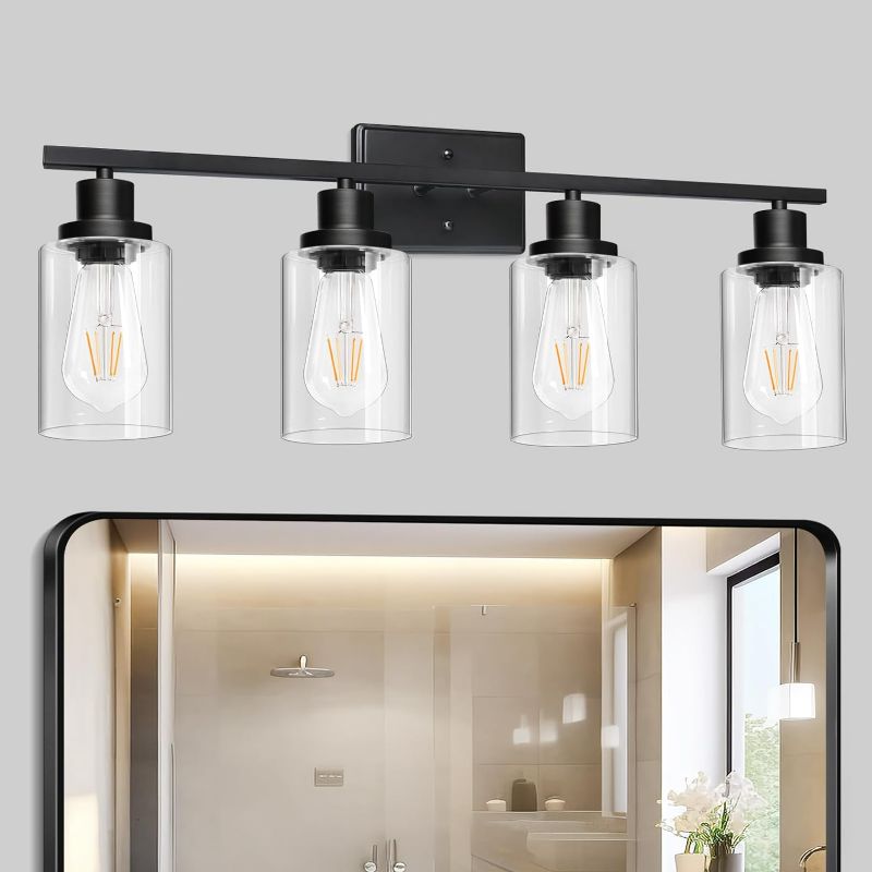 Photo 1 of Ascher 4-Light 29.3" Wall Sconces, Modern Vanity Light Fixture with Clear Glass Shade, Black Finish Wall Light for Mirror Bedroom Hallway, E26 Base (Bulbs Not Included)