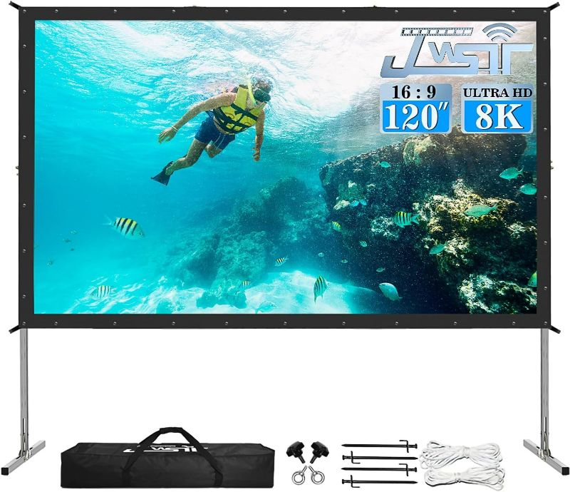 Photo 1 of Projector Screen and Stand,JWSIT 120 inch Outdoor Movie Screen-Upgraded 3 Layers PVC 16:9 Outdoor Projector Screen,Video Projection Screen with Carrying Bag for Home Backyard(Rear Projection Screen)
