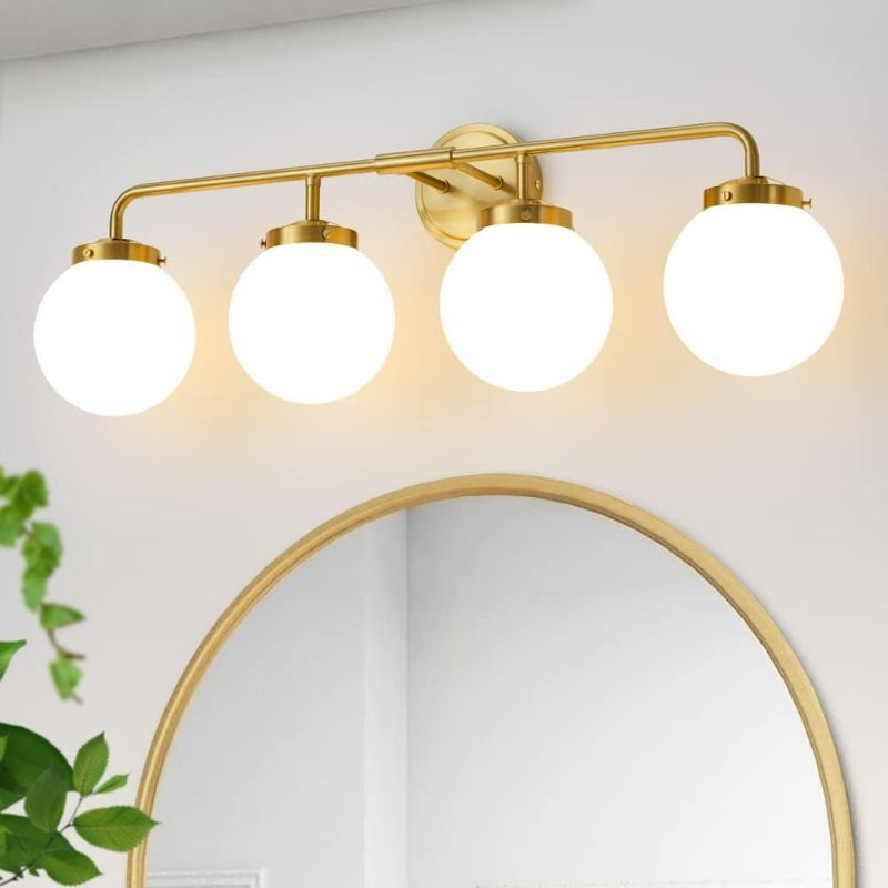 Photo 1 of Bathroom Light Fixtures Gold Vanity Lights over Mirror, Modern Wall Sconce Lighting 4-Light with White Glass Globe Shade