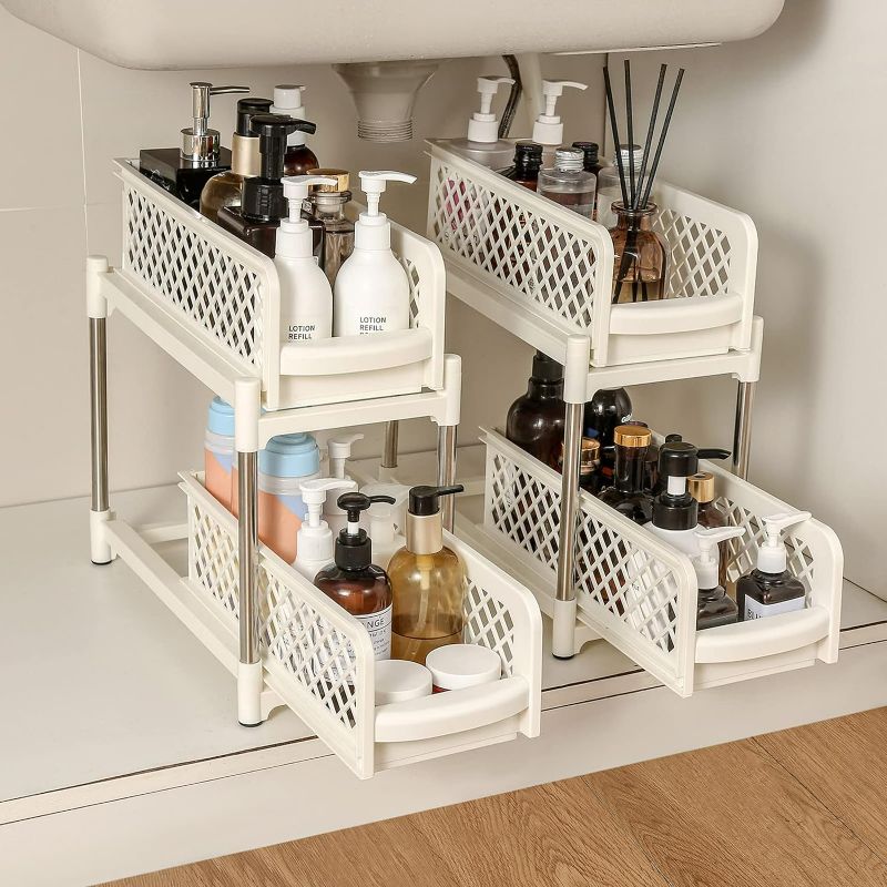 Photo 1 of Bathroom Organizer 2PCS, Under Sink Organizers and Storage,2Tier Pull Out Cabinet Organizer, Sliding Cabinet Organizers with Storage Drawers for Bathroom Kitchen Countertop Narrow Space (White)